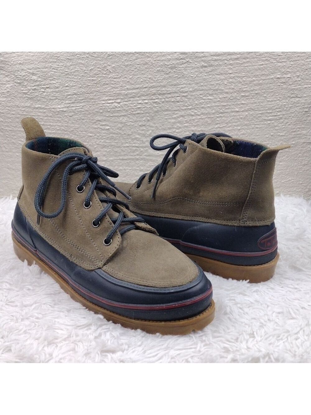Talbots Taupe Suede Navy Rubber Upper Almond Toe Lace Up Ankle Desert Boot